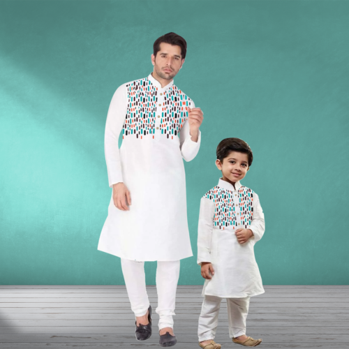 father and son1 Premium Father & Son Matching Cotton Panjabi Set – Stylish Printed Family Ethnic Wear for Eid & Special Occasions